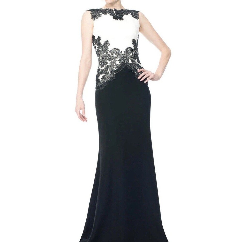 Tadashi Shoji Falcon Gown ARH15135L Black White Size 12 $725 Retail Mother Bride